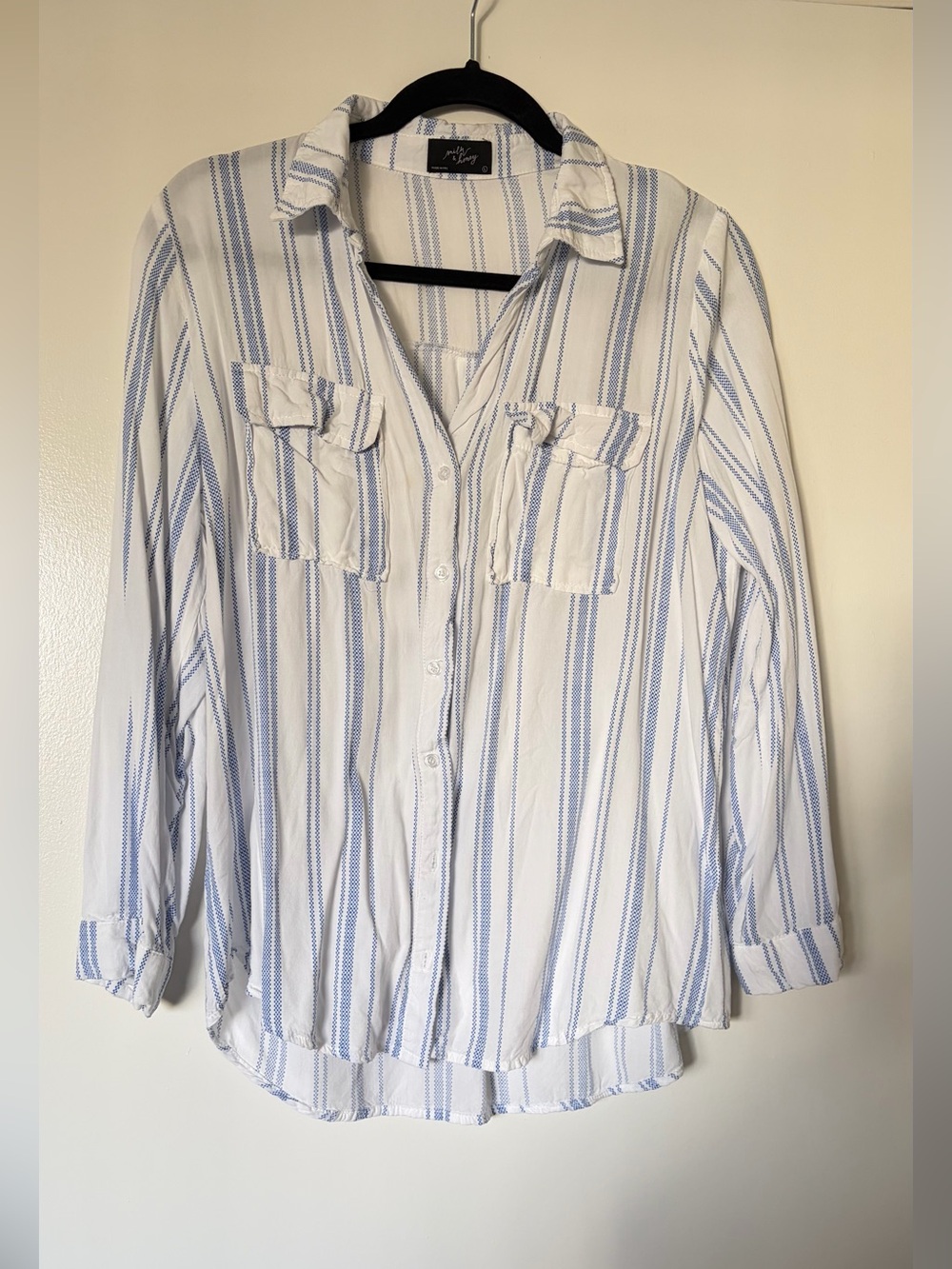 Striped Button-Down Shirt in White and Light Blue - Women